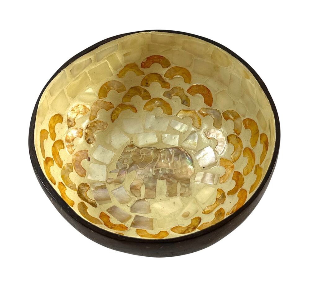 Coconut Shell Bowl Mother of Pearl Inlay Elephant Mosaic Handcrafted 5.25”